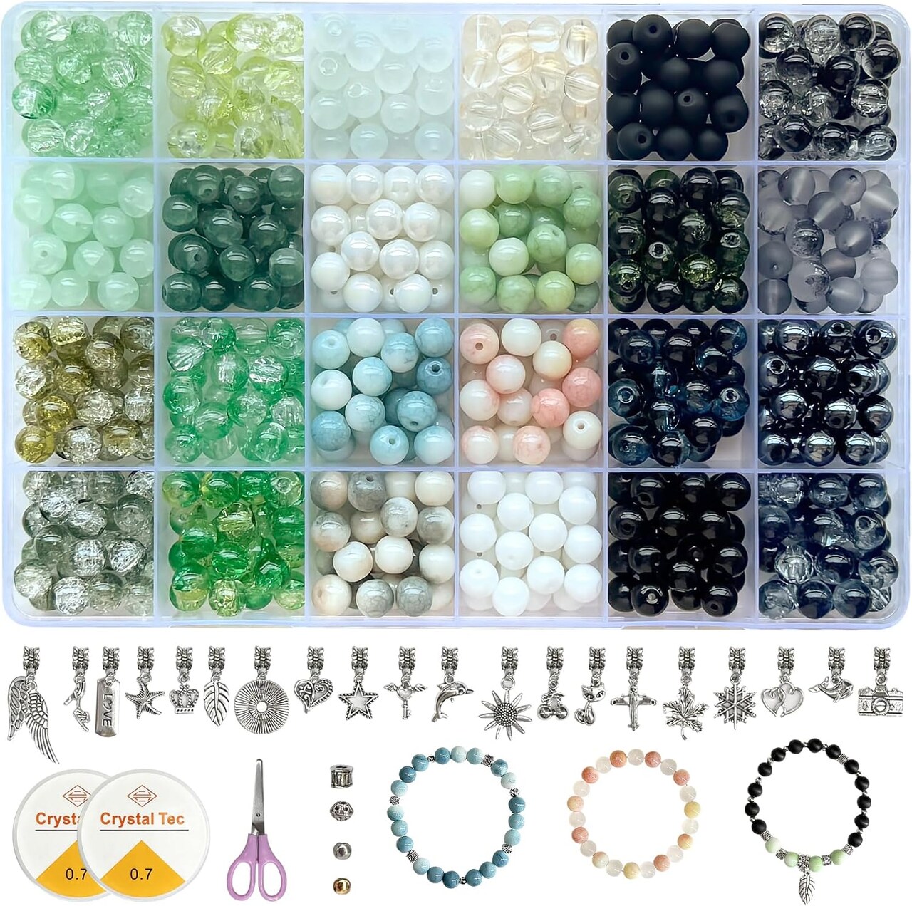 Glass Bead Bracelet Making Kit (8mm) – Beginner DIY Jewelry Set with 600 Green Glass Beads, Elastic Cord, Charms & Accessories | Make 20–30 Bracelets | No Tools Required